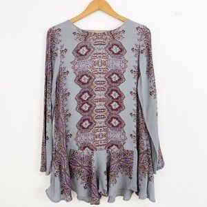 Free People Boho Gray Paisley Long Sleeves Mini Dress Size Small